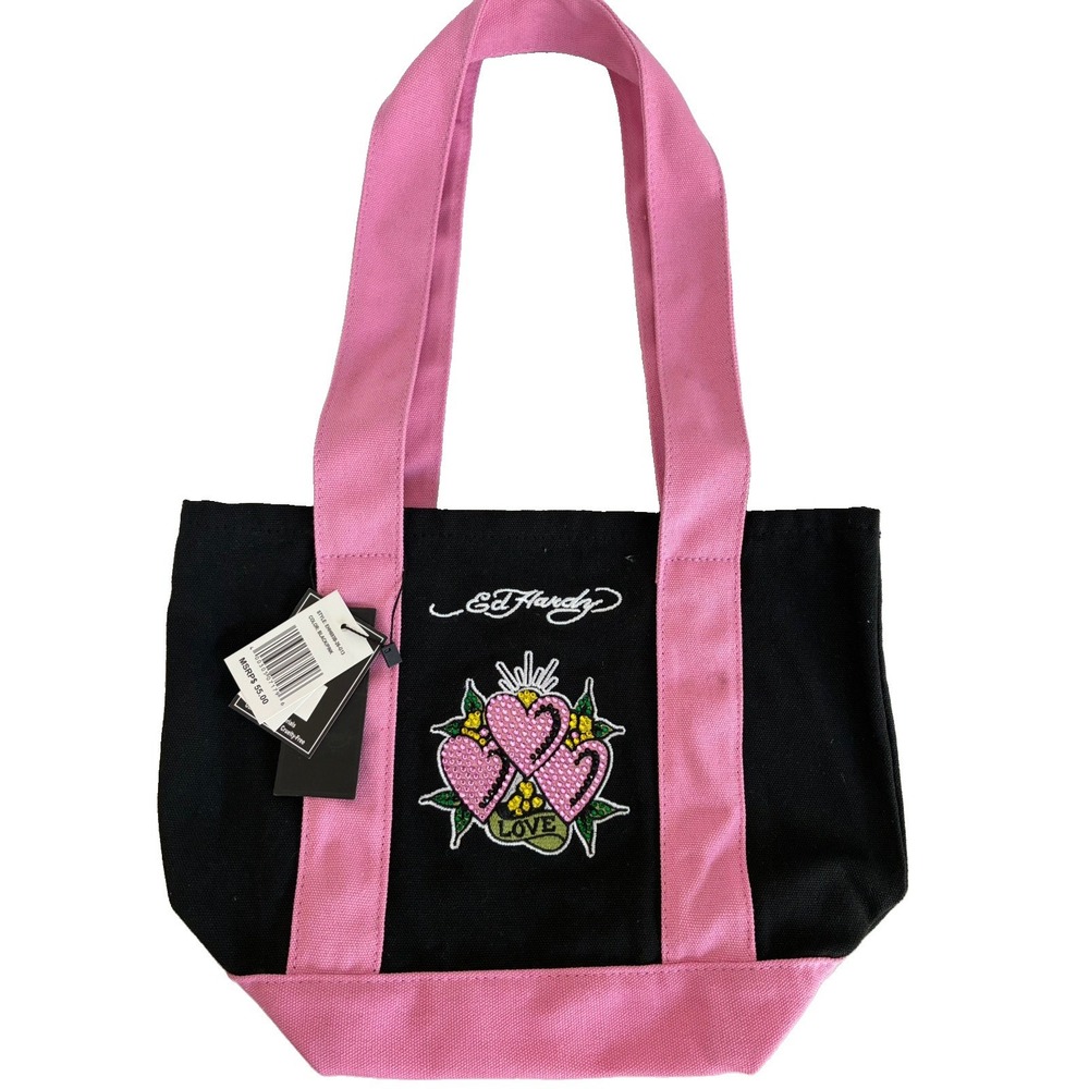 ED HARDY~ Canvas Tote Bag Black Pink Rhinestone Love Heart~ NWT